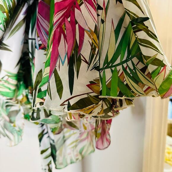 Badgley Mischka Palm Print Ruffle Pink Green Maxi Dress Size 4 - Picture 11 of 16